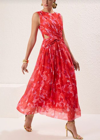 Kırmızı Drapeli Uzun Kadın Elbise - Görsel 4