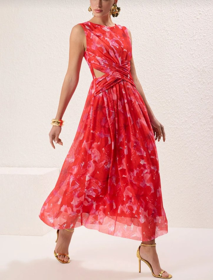 Kırmızı Drapeli Uzun Kadın Elbise - Görsel 4