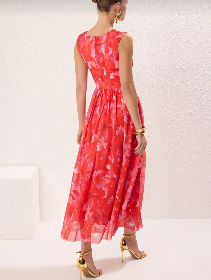 Kırmızı Drapeli Uzun Kadın Elbise - Görsel 2