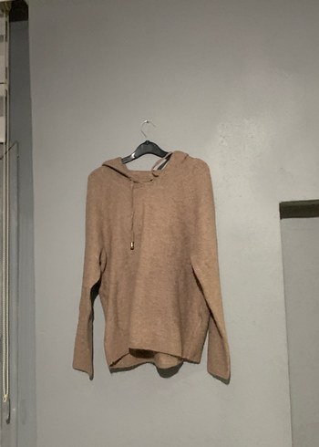 Bej Kapüşonlu Örgü Kadın Sweatshirt