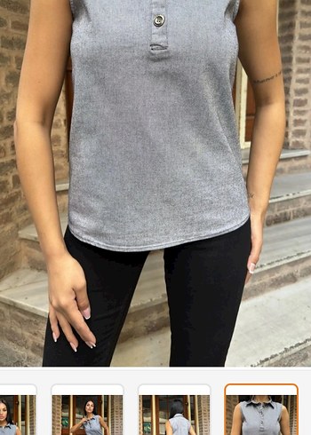 Gri Denim Düğmeli Kolsuz Gömlek - Görsel 5