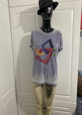 Gri Bağlama Desenli Sokak Stili Kadın Tişört S beden - Görsel 4
