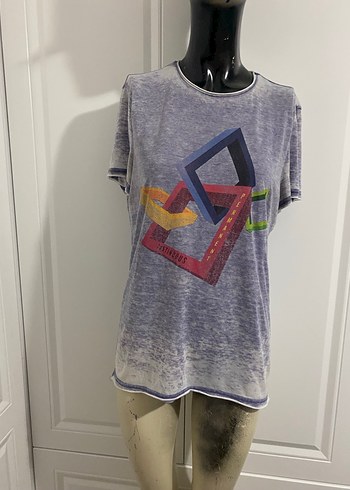 Gri Bağlama Desenli Sokak Stili Kadın Tişört S beden - Görsel 5