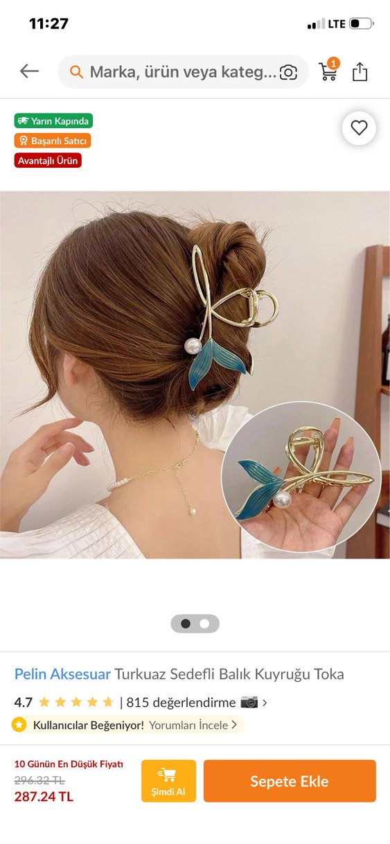 Turkuaz Sedefli Balık Kuyruğu Metal Toka - Görsel 2