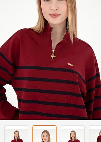 U.S Polo Assn. Bordo Çizgili Fermuarlı Kadın Sweatshirt polo