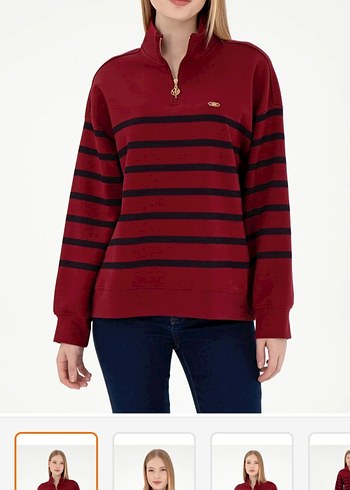 Bordo Çizgili Fermuarlı Kadın Sweatshirt polo
