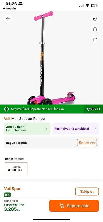 Beden pembe Renk Voit Mini 3 Teker Scooter -Fuşya pembe