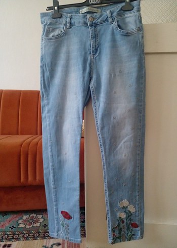 Lc Waikiki Nakışlı Mavi Denim Kadın Pantolon