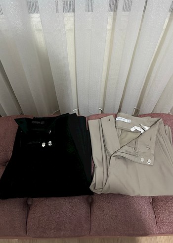 Stradivarius Kemerli Bej Straight Fit Kadın Pantolon - Görsel 2