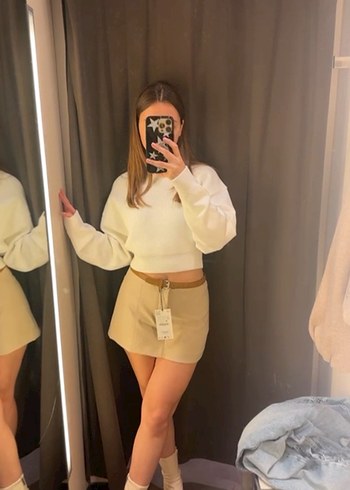 Zara Zara Bej Kemerli Kadın Mini Etek