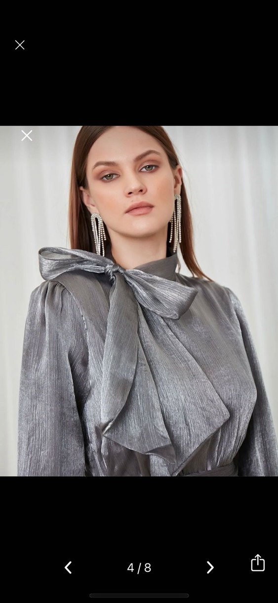 Gri Uzun Kollu Bağcıklı Kadın Abiye Elbise - Görsel 2