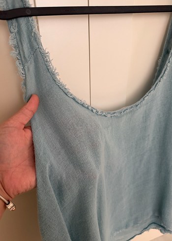 Mango Mavi Keten askılı Mini Bluz