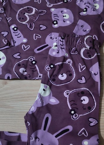 Kız Çocuk Mor Desenli Uzun Kollu Pijama Takımı - Görsel 5