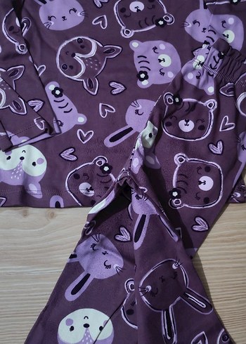 Kız Çocuk Mor Desenli Uzun Kollu Pijama Takımı - Görsel 3