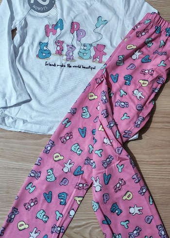 Kız Çocuk Pamuklu Pembe Baskılı Pijama Takımı - Görsel 2