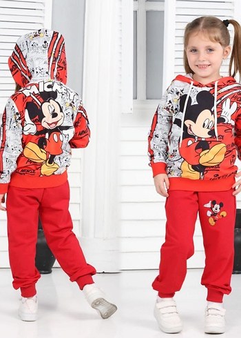 Diğer Kızlar için Renkli Mickey Mouse Kapüşonlu Takım
