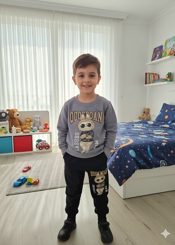 Gri Baskılı Erkek Çocuk Sweatshirt ve Eşofman