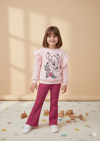 Kız Çocuk Pembe Baskılı Sweatshirt ve Pantolon