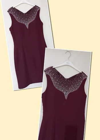 Bordo inci renk taş suslemeleriyle Midi Abiye Elbise yeni
