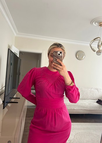 Pembe Uzun Kollu Drapeli Uzun Elbise - Görsel 2