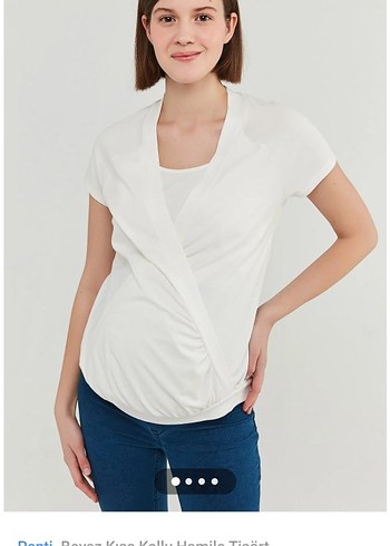 Beyaz V Yakalı Hamile Kısa Kollu Tişört - Görsel 2