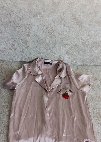 38 Beden pembe Renk Pembe Nakışlı V Yaka Kısa Kollu Mini Pijama Takımı
