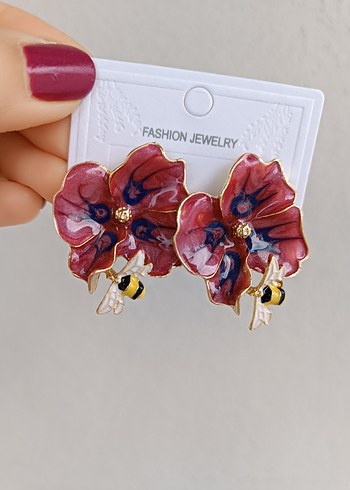 Bordo Çiçekli Boncuklu Küpe - Görsel 4