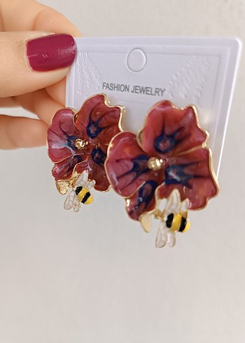 Bordo Çiçekli Boncuklu Küpe - Görsel 3