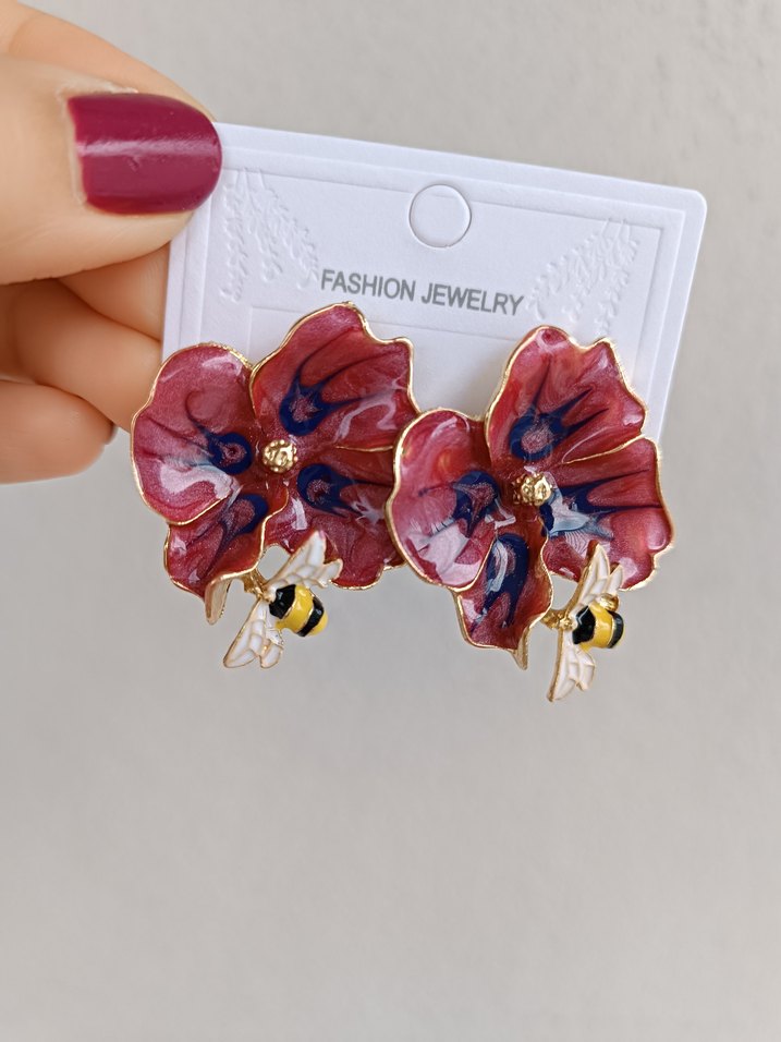 Bordo Çiçekli Boncuklu Küpe - Görsel 4