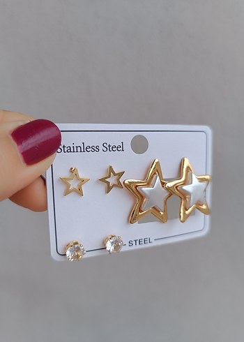 Altın Renkli Yıldız Detaylı  Küpe Seti - Görsel 3