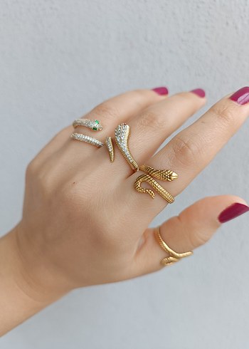 Payetli Yılan Desenli Altın Renk Kadın Yüzük - Görsel 6