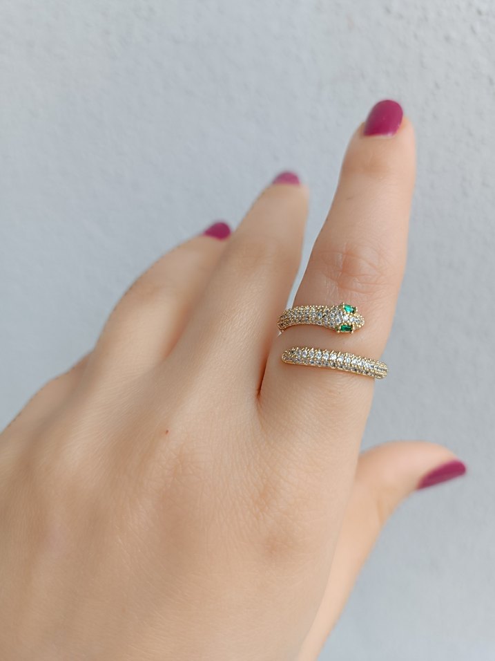 Payetli Yılan Desenli Altın Renk Kadın Yüzük - Görsel 2