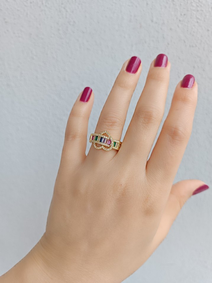 Renkli taşlı kalp model Kadın Yüzük - Görsel 4