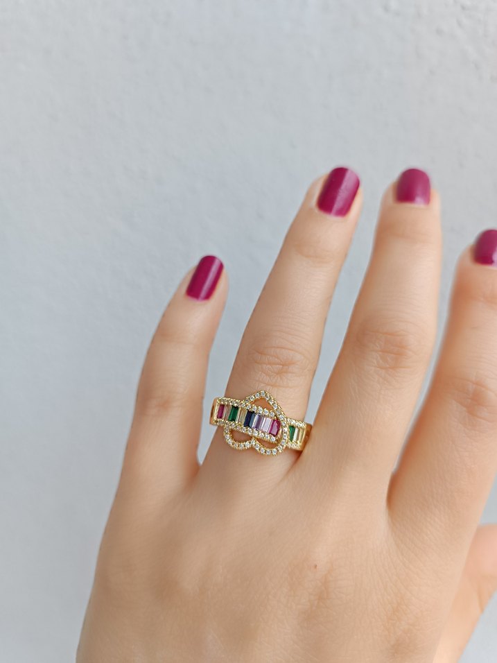 Renkli taşlı kalp model Kadın Yüzük - Görsel 2