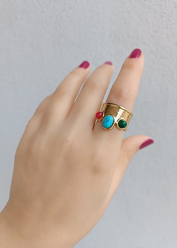 Boncuklu Turkuaz Renkli Kadın Yüzük - Görsel 2
