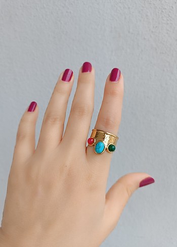 Boncuklu Turkuaz Renkli Kadın Yüzük - Görsel 5