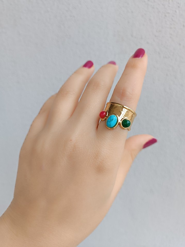 Boncuklu Turkuaz Renkli Kadın Yüzük - Görsel 2