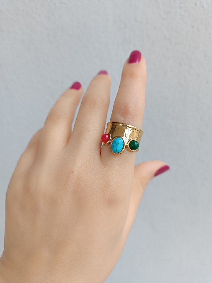 Boncuklu Turkuaz Renkli Kadın Yüzük - Görsel 3