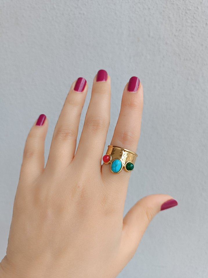 Boncuklu Turkuaz Renkli Kadın Yüzük - Görsel 5