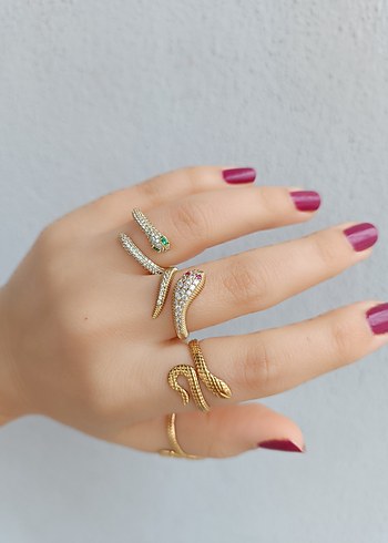 Altın Renkli Yılan Desenli TasliKadın Yüzük - Görsel 4