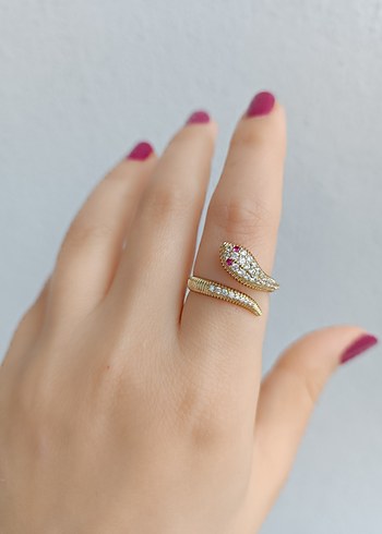 Altın Renkli Yılan Desenli TasliKadın Yüzük - Görsel 3