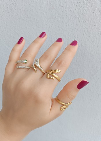 Altın Renkli Yılan Desenli TasliKadın Yüzük - Görsel 7