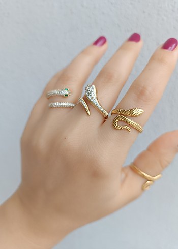 Altın Renkli Yılan Desenli TasliKadın Yüzük - Görsel 5