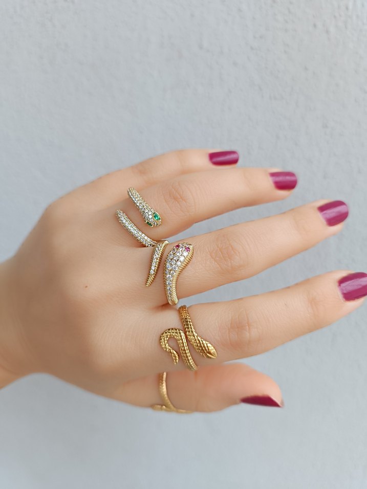 Altın Renkli Yılan Desenli TasliKadın Yüzük - Görsel 4