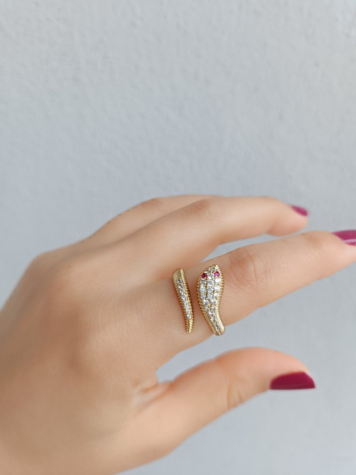 Altın Renkli Yılan Desenli TasliKadın Yüzük - Görsel 2