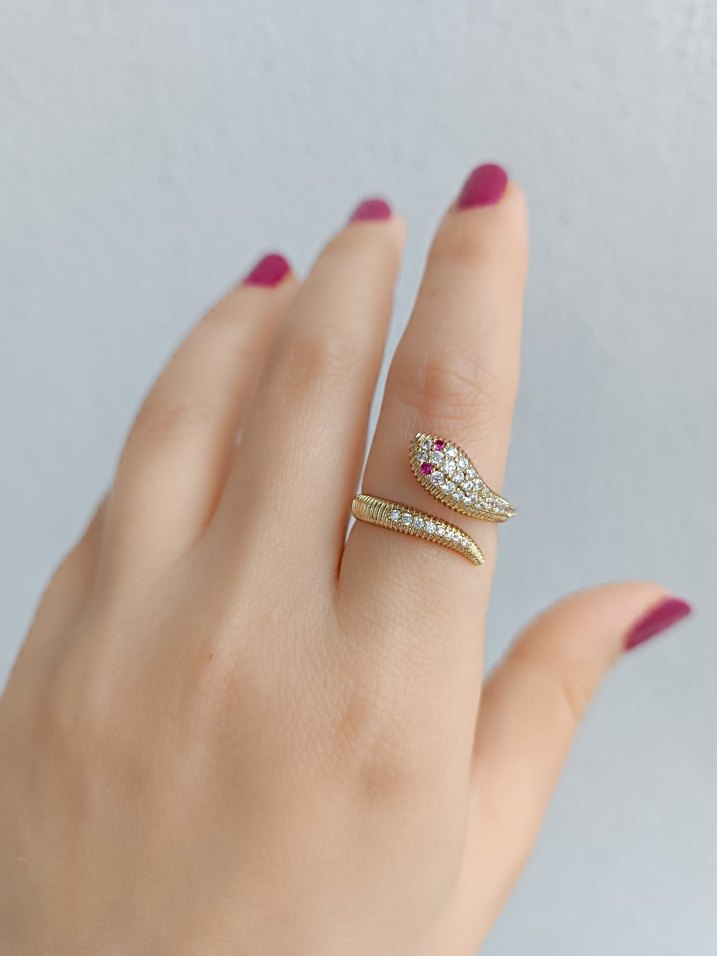 Altın Renkli Yılan Desenli TasliKadın Yüzük - Görsel 3