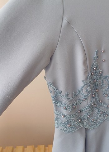 Suud Collection Nakışlı Mavi Uzun Kollu Abiye Elbise