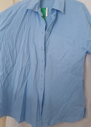 Mavi Keten Kadın Gömlek, Düğmeli, Uzun Kollu - Görsel 2