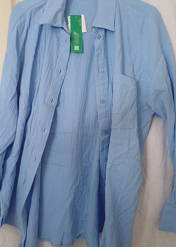 Mavi Keten Kadın Gömlek, Düğmeli, Uzun Kollu - Görsel 3