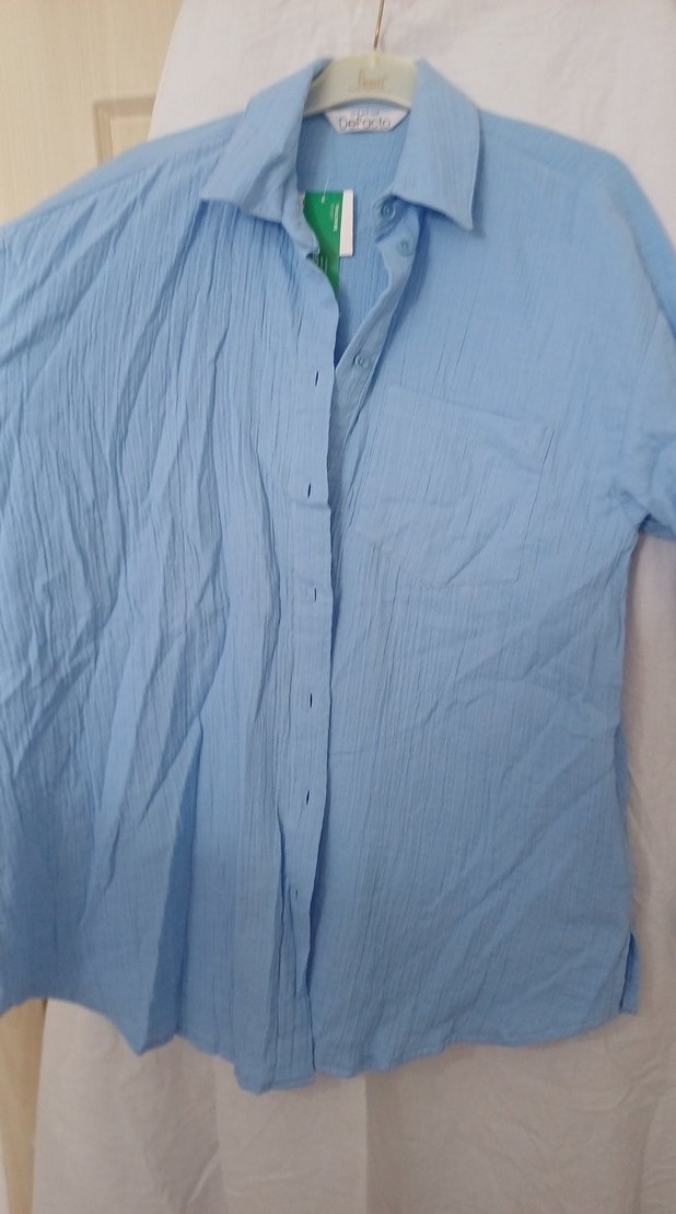 Mavi Keten Kadın Gömlek, Düğmeli, Uzun Kollu - Görsel 2